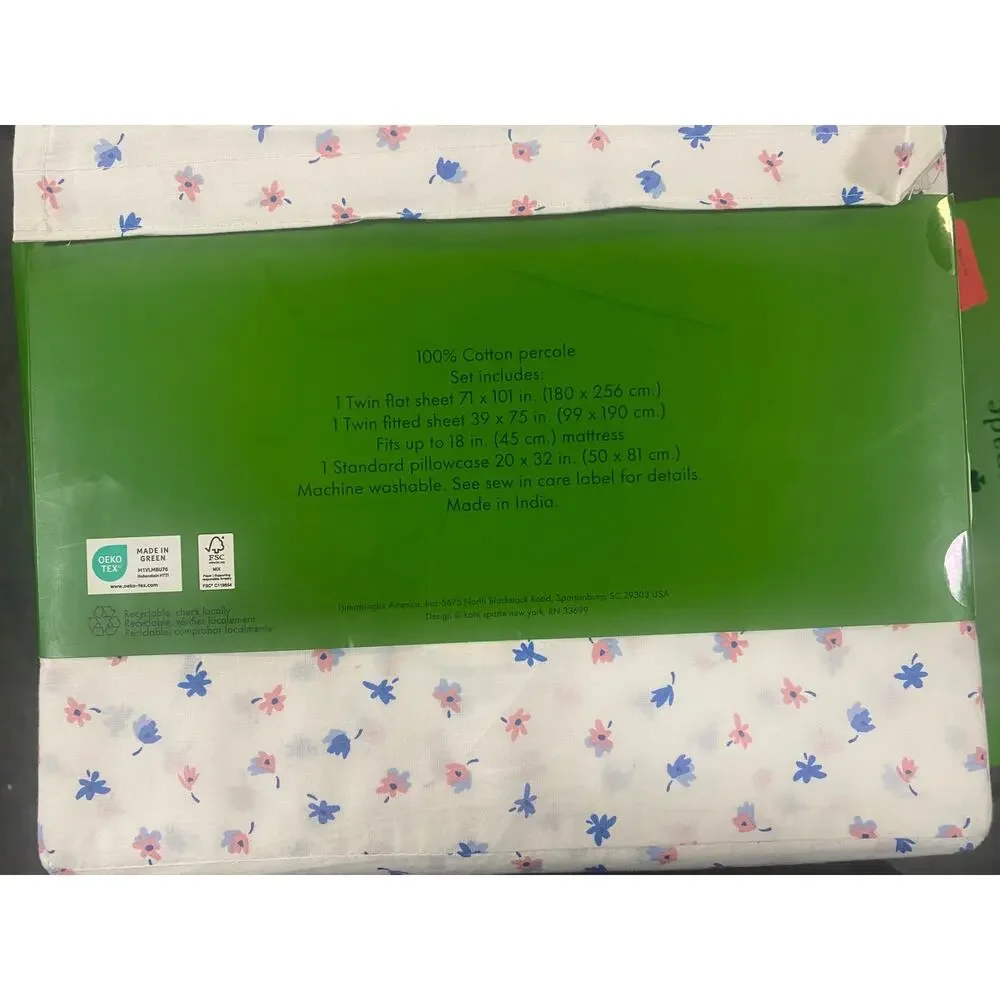 Kate Spade Twin Sheet Set -Floral Pink and Blue Pattern - New